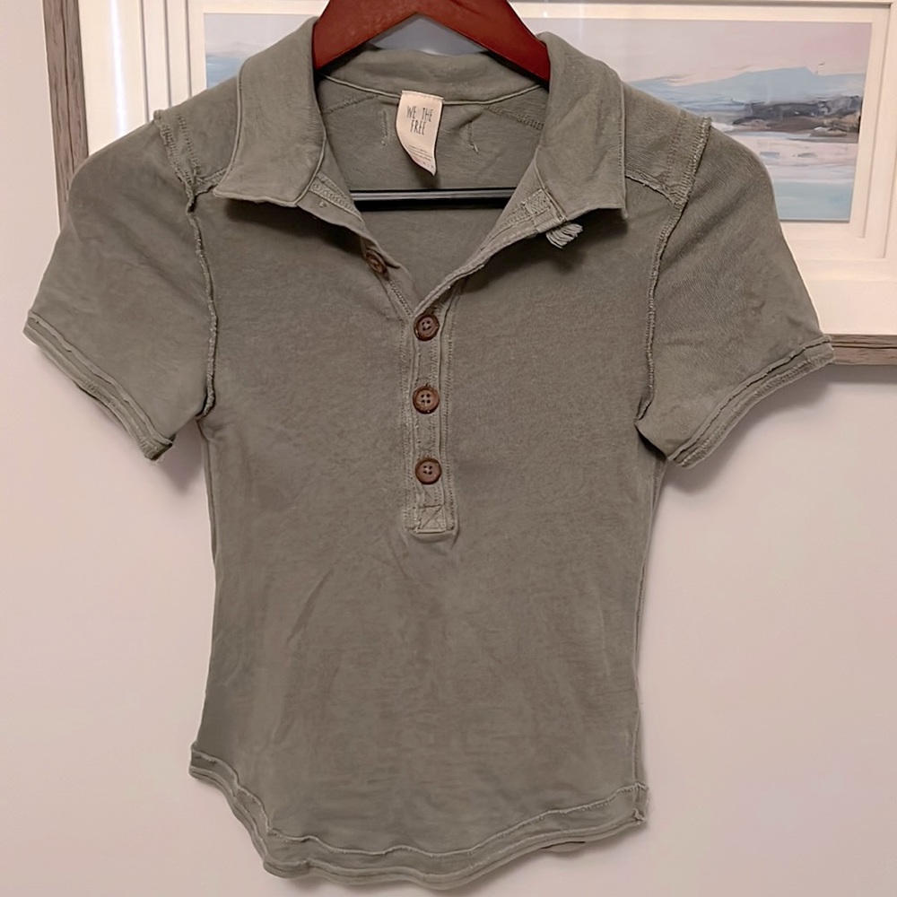 We The Free sage green fitted top with collar and brown buttons.
